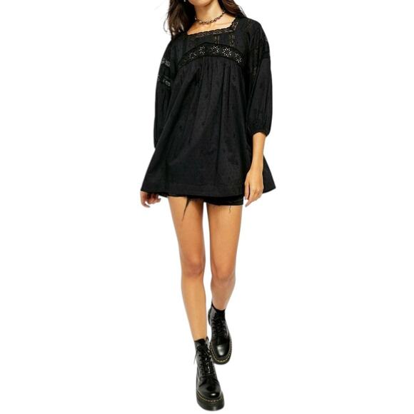 Free People Black Kiss Kiss Tunic Dress Sz L Boho Lace Eyelet Long Sleeve Mini - Picture 1 of 12